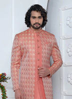 Raivat Ethnic Mens Jacquard Silk Embroidery Indo Western In Peach Pink Colour | Grocsy