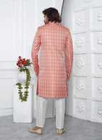 Raivat Ethnic Mens Jacquard Silk Embroidery Indo Western In Peach Pink Colour | Grocsy