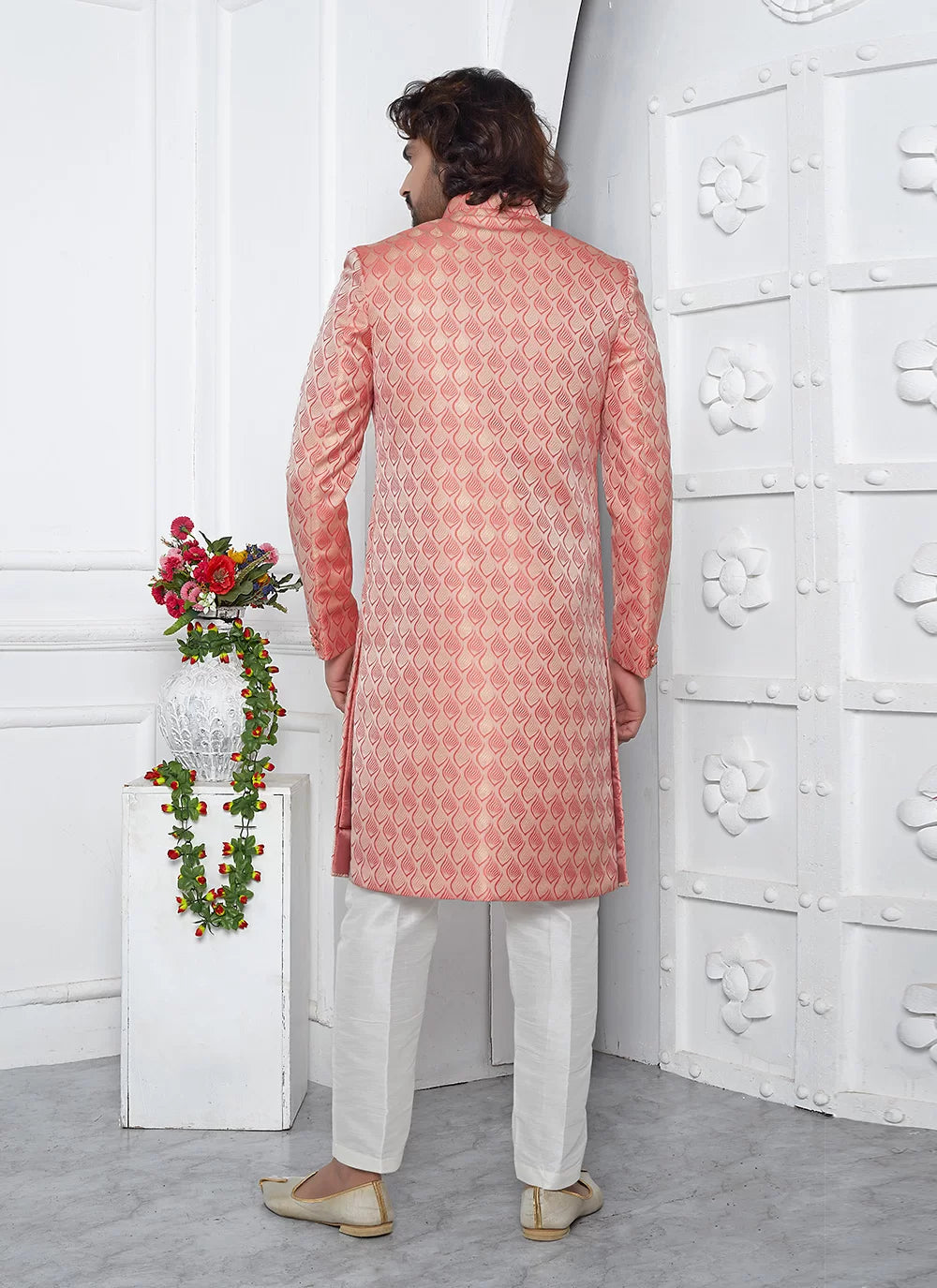 Raivat Ethnic Mens Jacquard Silk Embroidery Indo Western In Peach Pink Colour | Grocsy