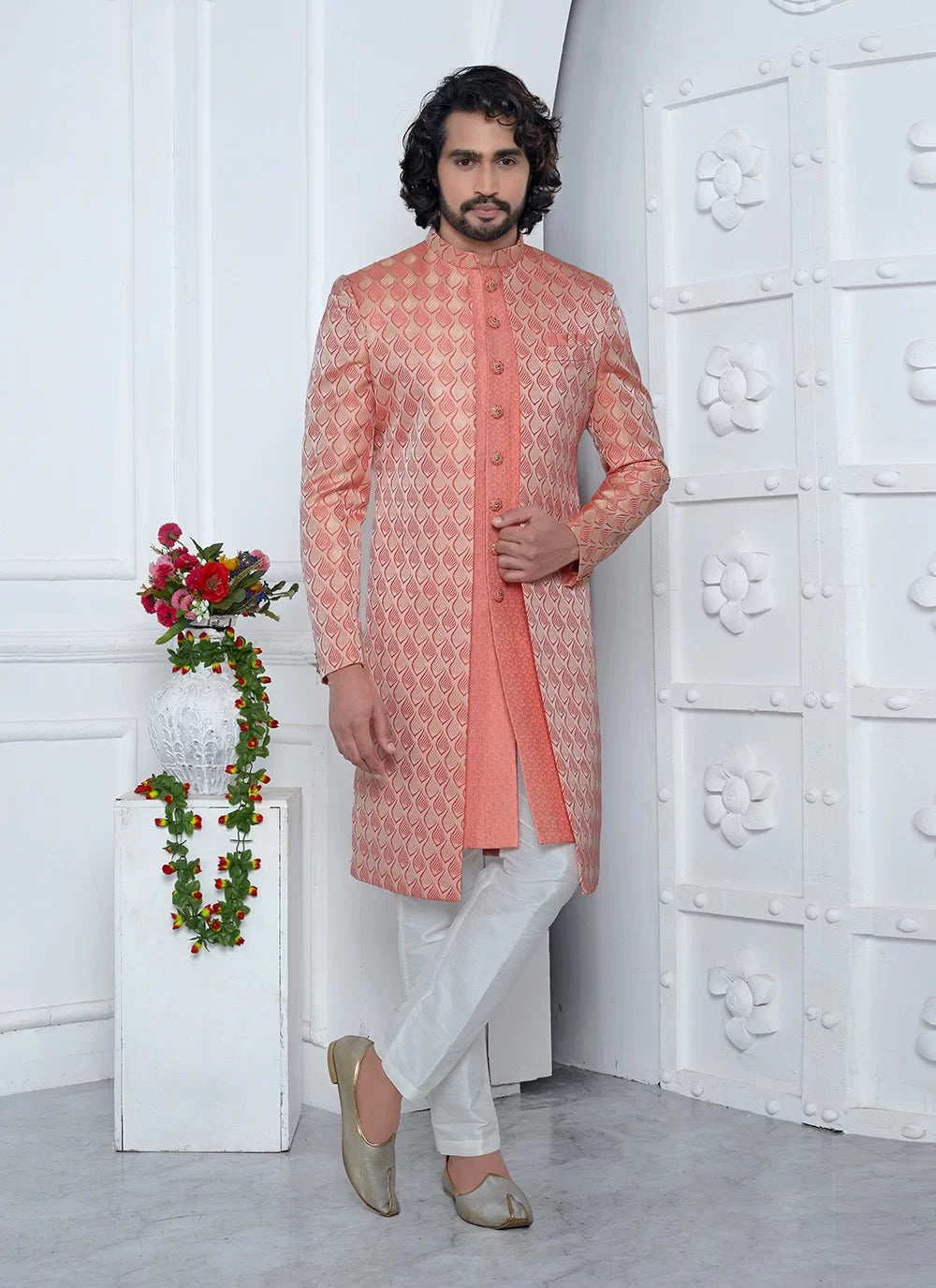 Raivat Ethnic Mens Jacquard Silk Embroidery Indo Western In Peach Pink Colour | Grocsy