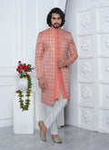 Raivat Ethnic Mens Jacquard Silk Embroidery Indo Western In Peach Pink Colour | Grocsy