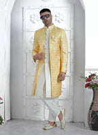 Raivat Ethnic Mens Jacquard Silk Embroidery Indo Western In Yellow Colour | Grocsy