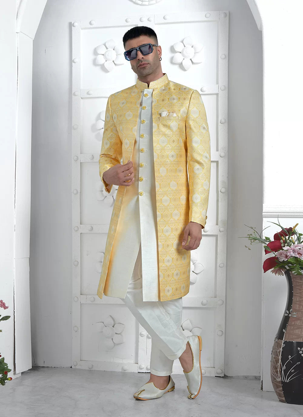 Raivat Ethnic Mens Jacquard Silk Embroidery Indo Western In Yellow Colour | Grocsy