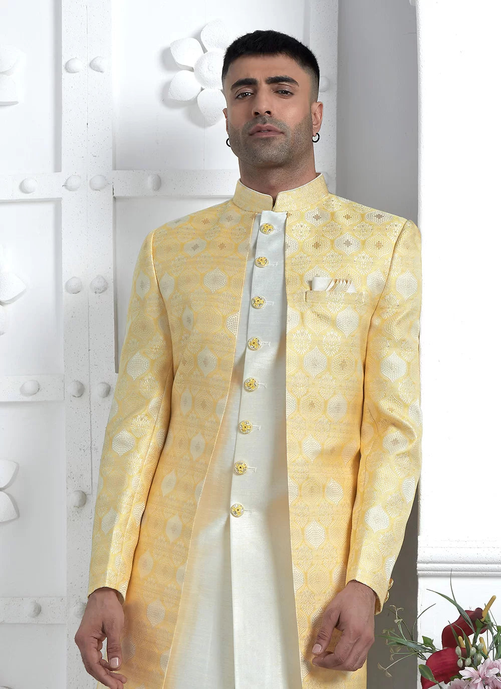 Raivat Ethnic Mens Jacquard Silk Embroidery Indo Western In Yellow Colour | Grocsy