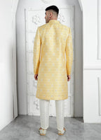 Raivat Ethnic Mens Jacquard Silk Embroidery Indo Western In Yellow Colour | Grocsy