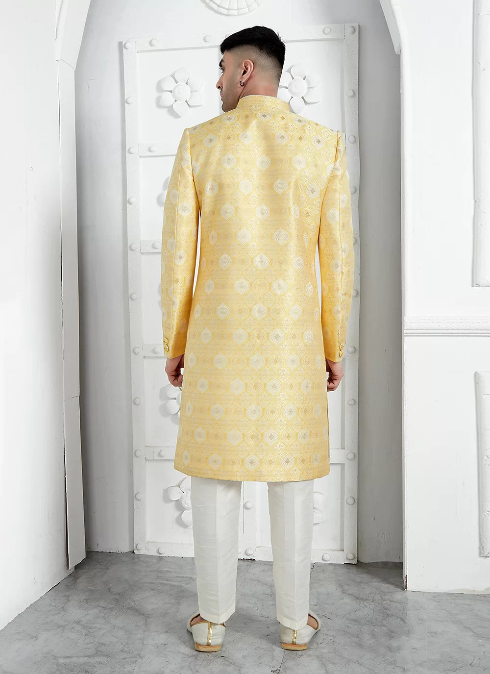 Raivat Ethnic Mens Jacquard Silk Embroidery Indo Western In Yellow Colour | Grocsy