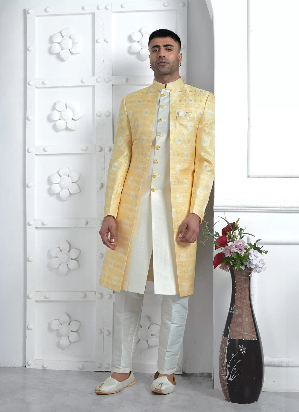 Raivat Ethnic Mens Jacquard Silk Embroidery Indo Western In Yellow Colour | Grocsy