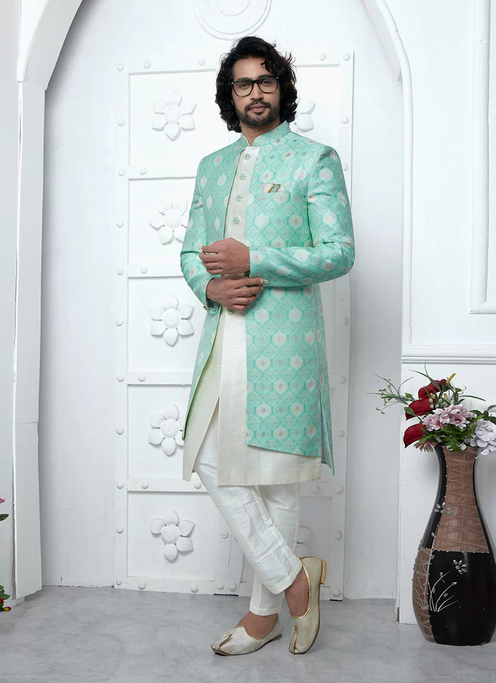 Raivat Ethnic Mens Jacquard Silk Embroidery Indo Western In Green Colour | Grocsy