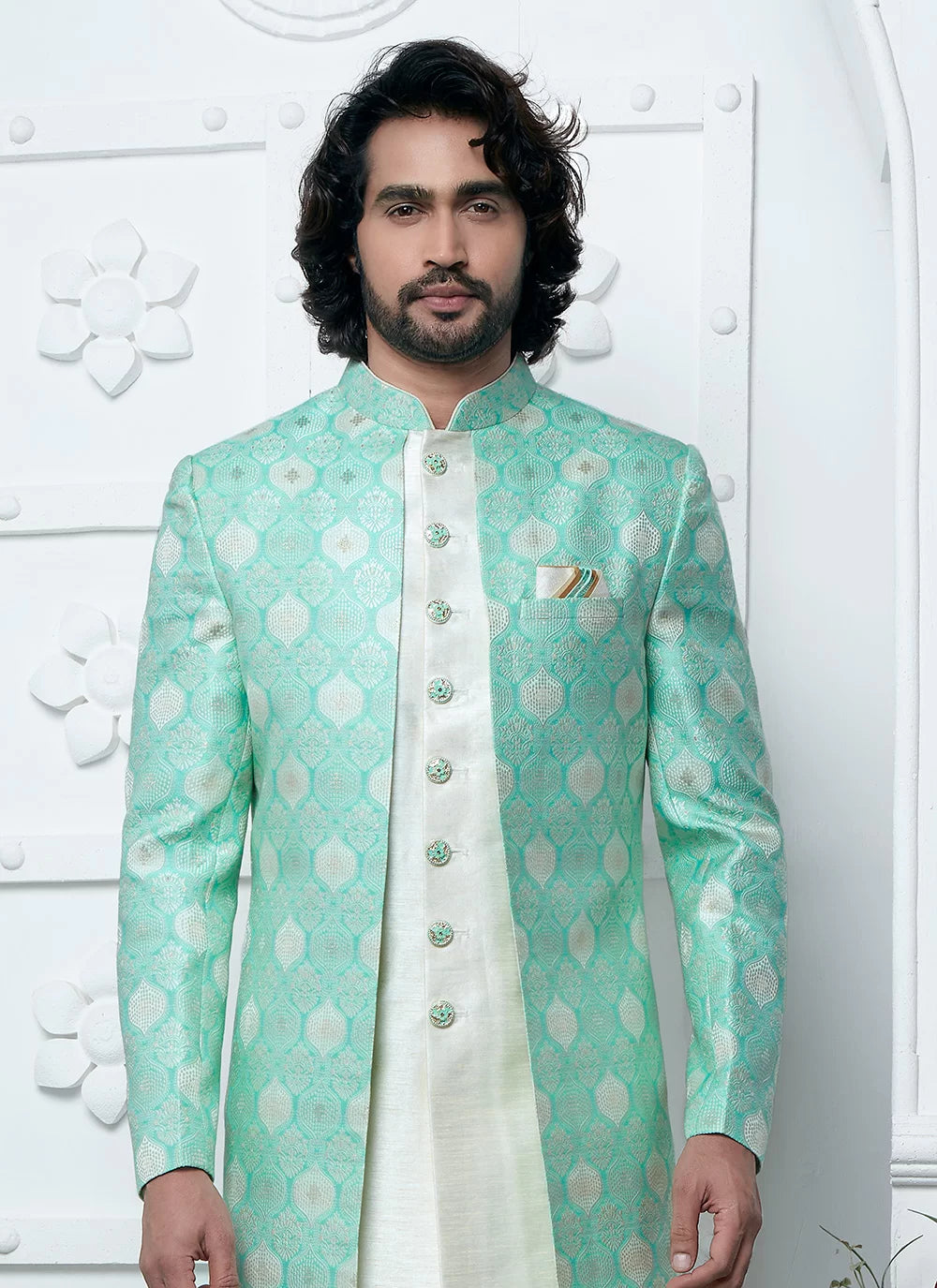 Raivat Ethnic Mens Jacquard Silk Embroidery Indo Western In Green Colour | Grocsy