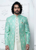 Raivat Ethnic Mens Jacquard Silk Embroidery Indo Western In Green Colour | Grocsy