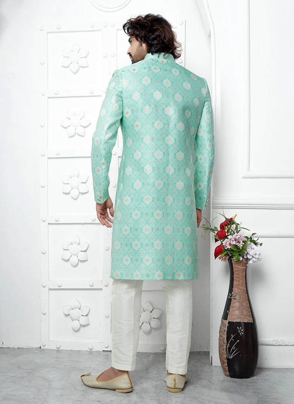 Raivat Ethnic Mens Jacquard Silk Embroidery Indo Western In Green Colour | Grocsy