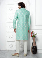 Raivat Ethnic Mens Jacquard Silk Embroidery Indo Western In Green Colour | Grocsy