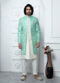 Raivat Ethnic Mens Jacquard Silk Embroidery Indo Western In Green Colour | Grocsy