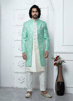 Raivat Ethnic Mens Jacquard Silk Embroidery Indo Western In Green Colour | Grocsy