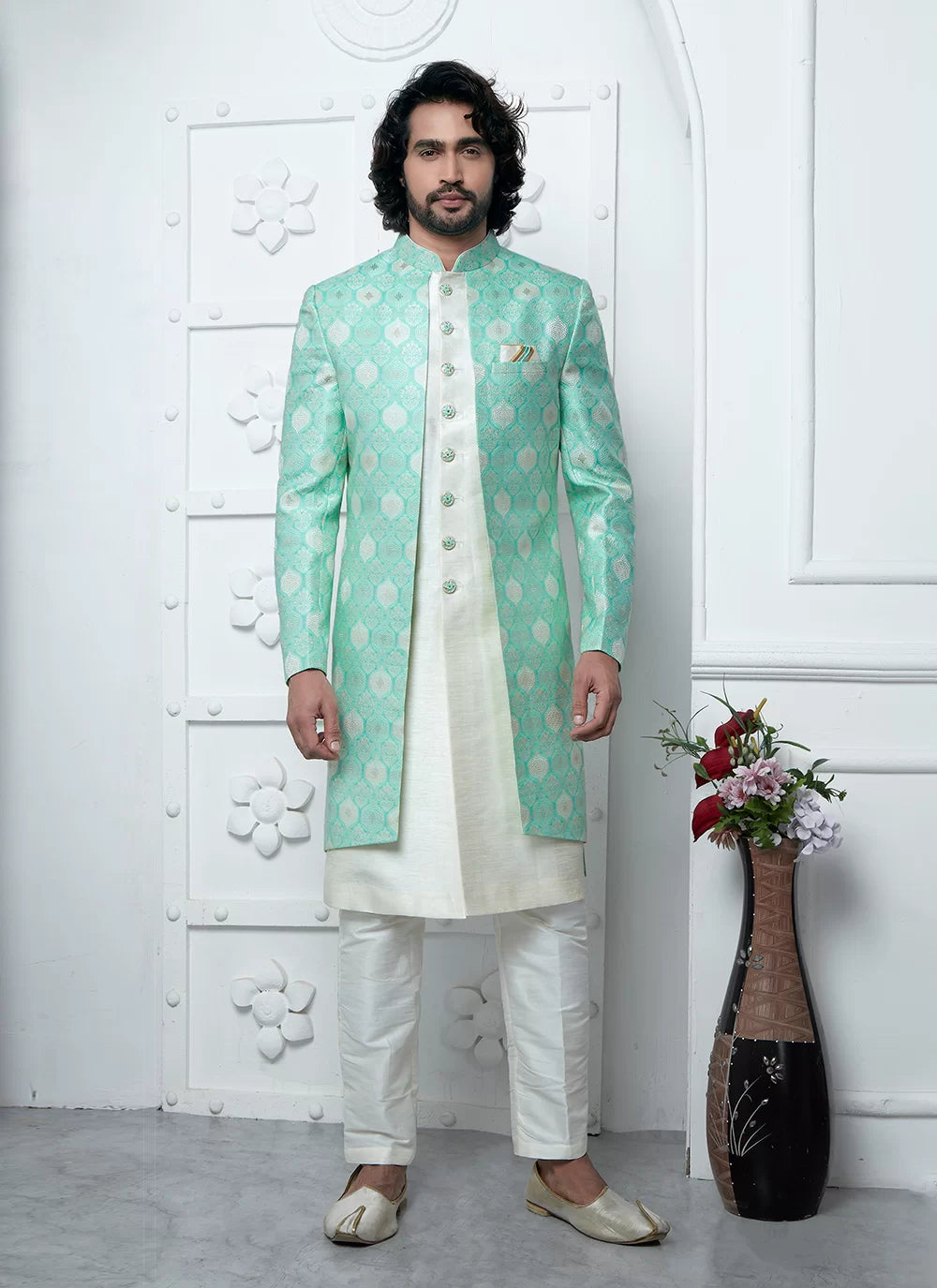 Raivat Ethnic Mens Jacquard Silk Embroidery Indo Western In Green Colour | Grocsy
