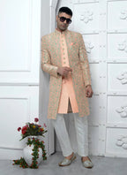 Raivat Ethnic Mens Jacquard Silk Embroidery Indo Western In Peach Colour | Grocsy
