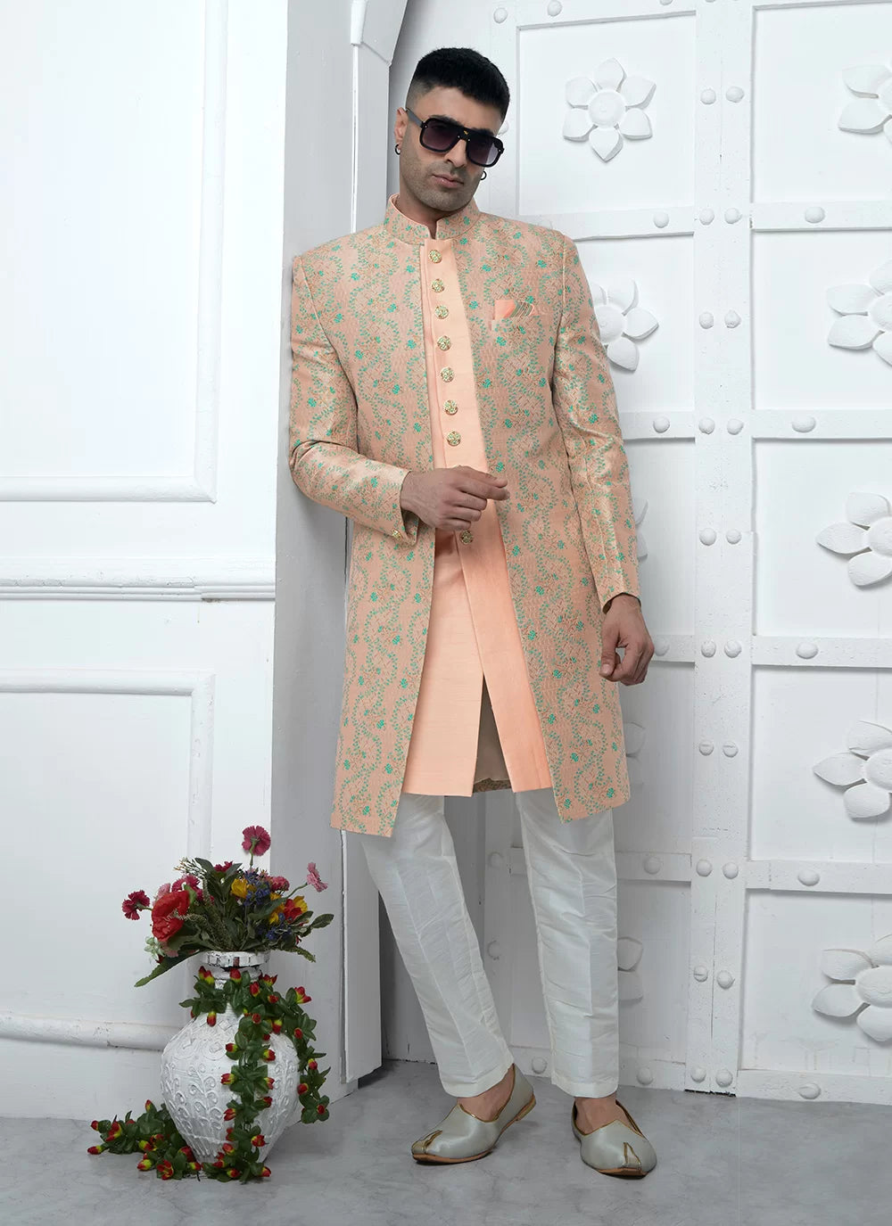 Raivat Ethnic Mens Jacquard Silk Embroidery Indo Western In Peach Colour | Grocsy