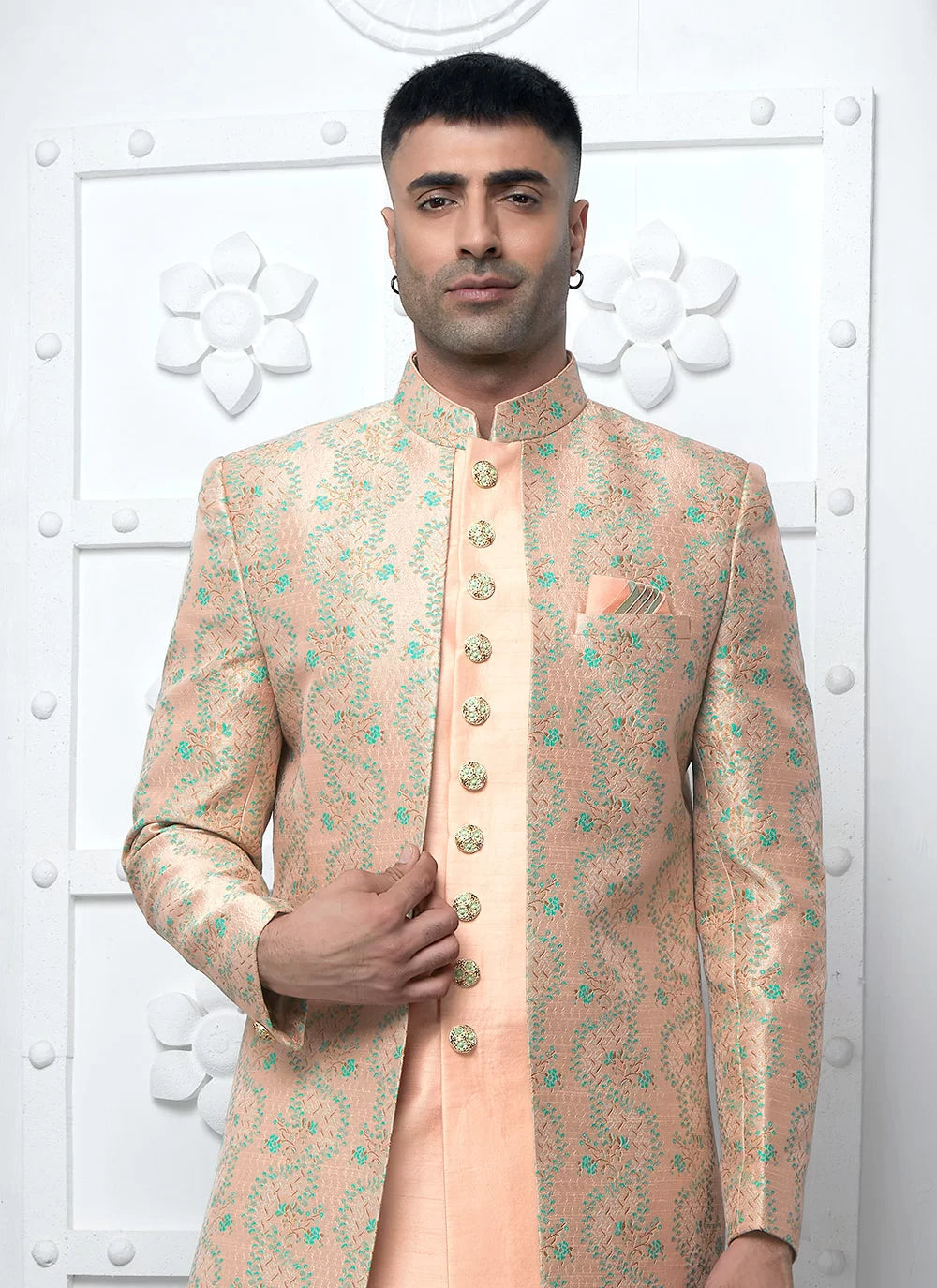 Raivat Ethnic Mens Jacquard Silk Embroidery Indo Western In Peach Colour | Grocsy