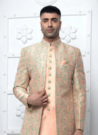 Raivat Ethnic Mens Jacquard Silk Embroidery Indo Western In Peach Colour | Grocsy