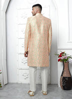 Raivat Ethnic Mens Jacquard Silk Embroidery Indo Western In Peach Colour | Grocsy