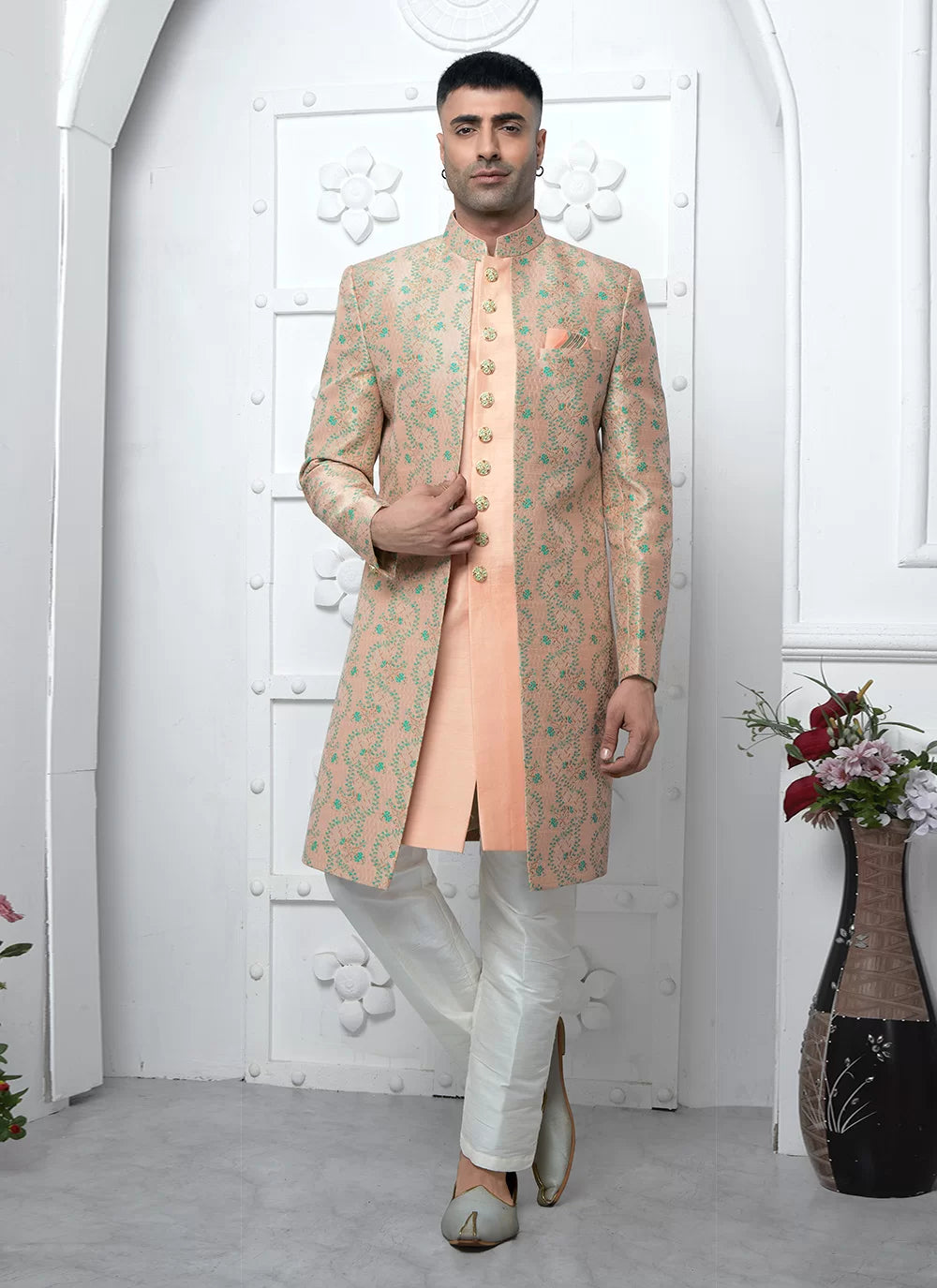Raivat Ethnic Mens Jacquard Silk Embroidery Indo Western In Peach Colour | Grocsy