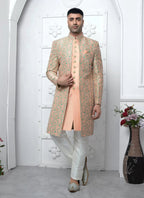 Raivat Ethnic Mens Jacquard Silk Embroidery Indo Western In Peach Colour | Grocsy
