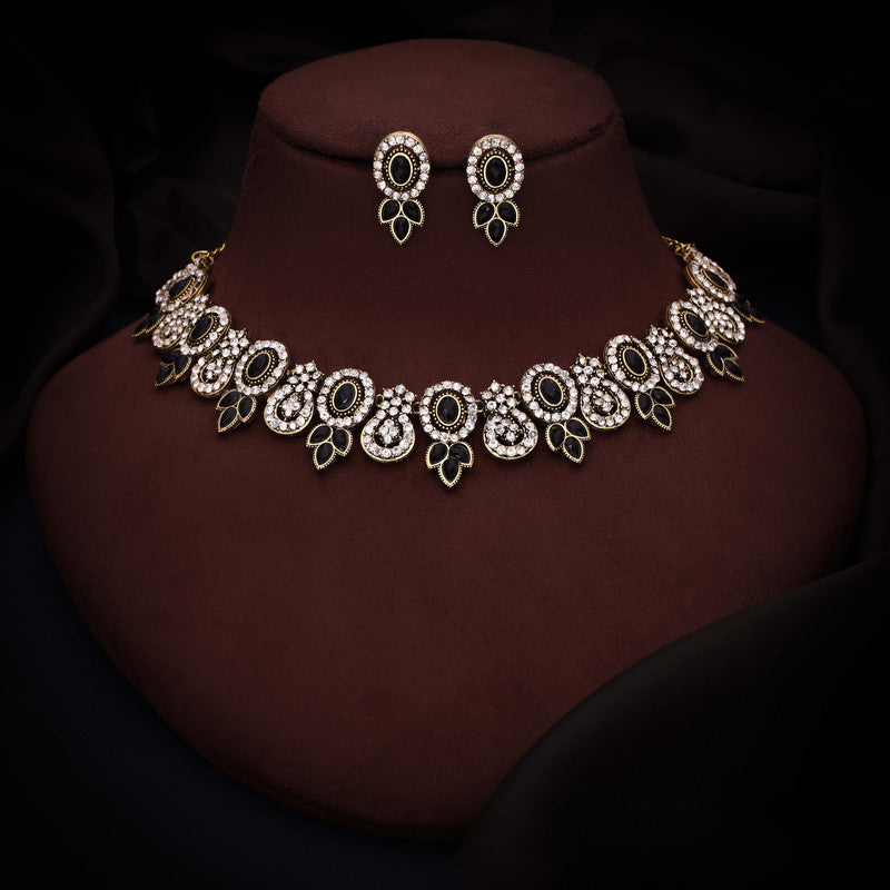Tehzeeb Creations Gold-Polished Black Colour Choker With Dangle Earrings | Grocsy