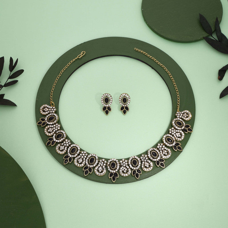 Tehzeeb Creations Gold-Polished Black Colour Choker With Dangle Earrings | Grocsy