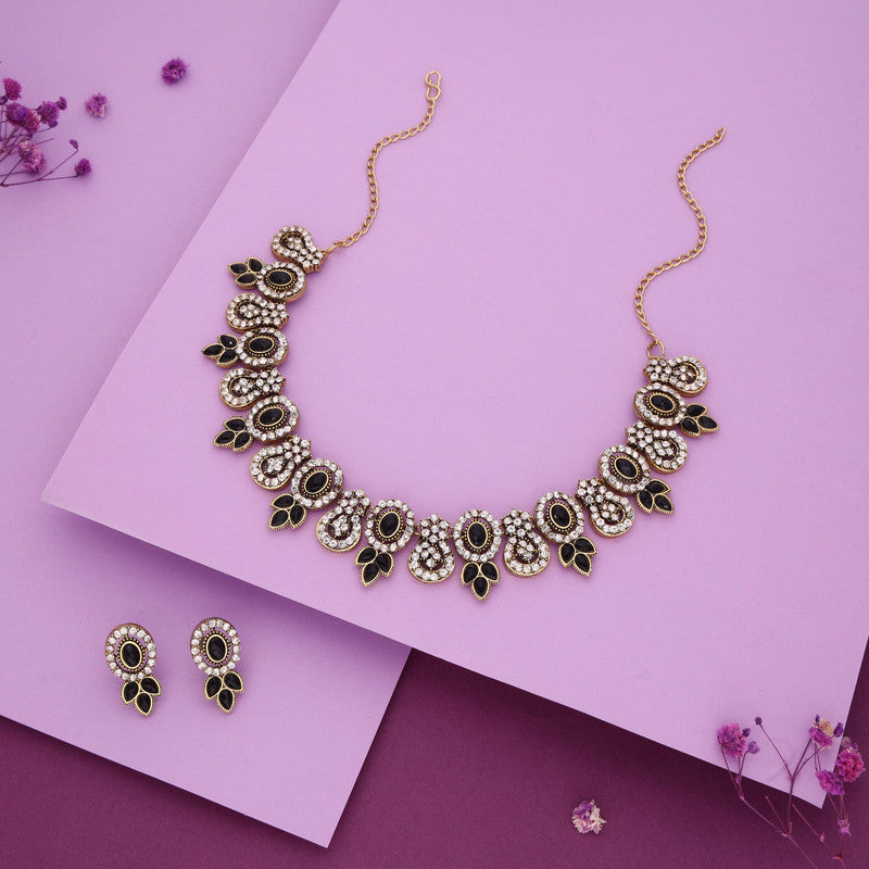 Tehzeeb Creations Gold-Polished Black Colour Choker With Dangle Earrings | Grocsy