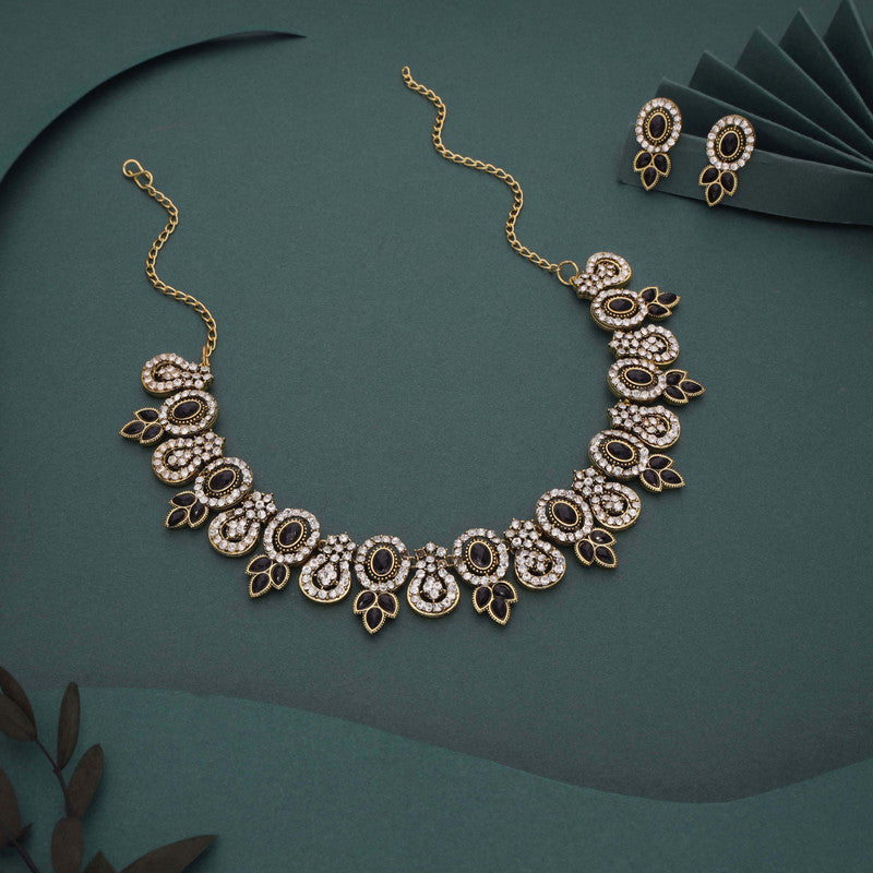 Tehzeeb Creations Gold-Polished Black Colour Choker With Dangle Earrings | Grocsy