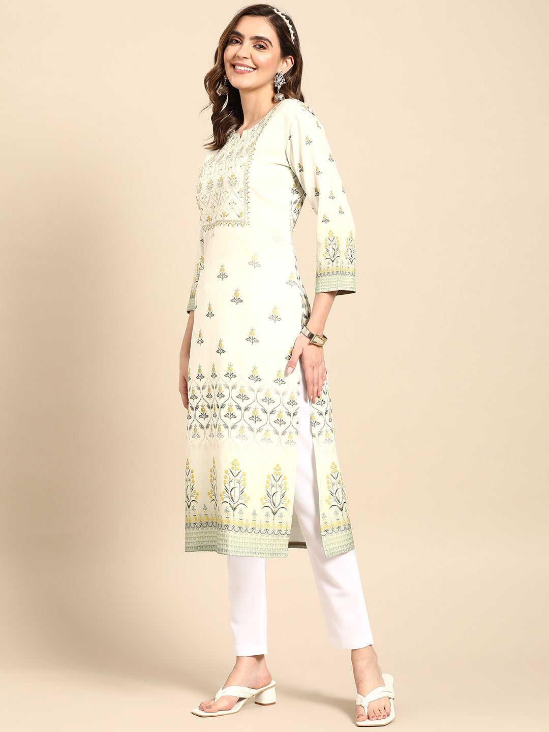 Sangria Women Green Floral Yoke Design Kurta | Grocsy