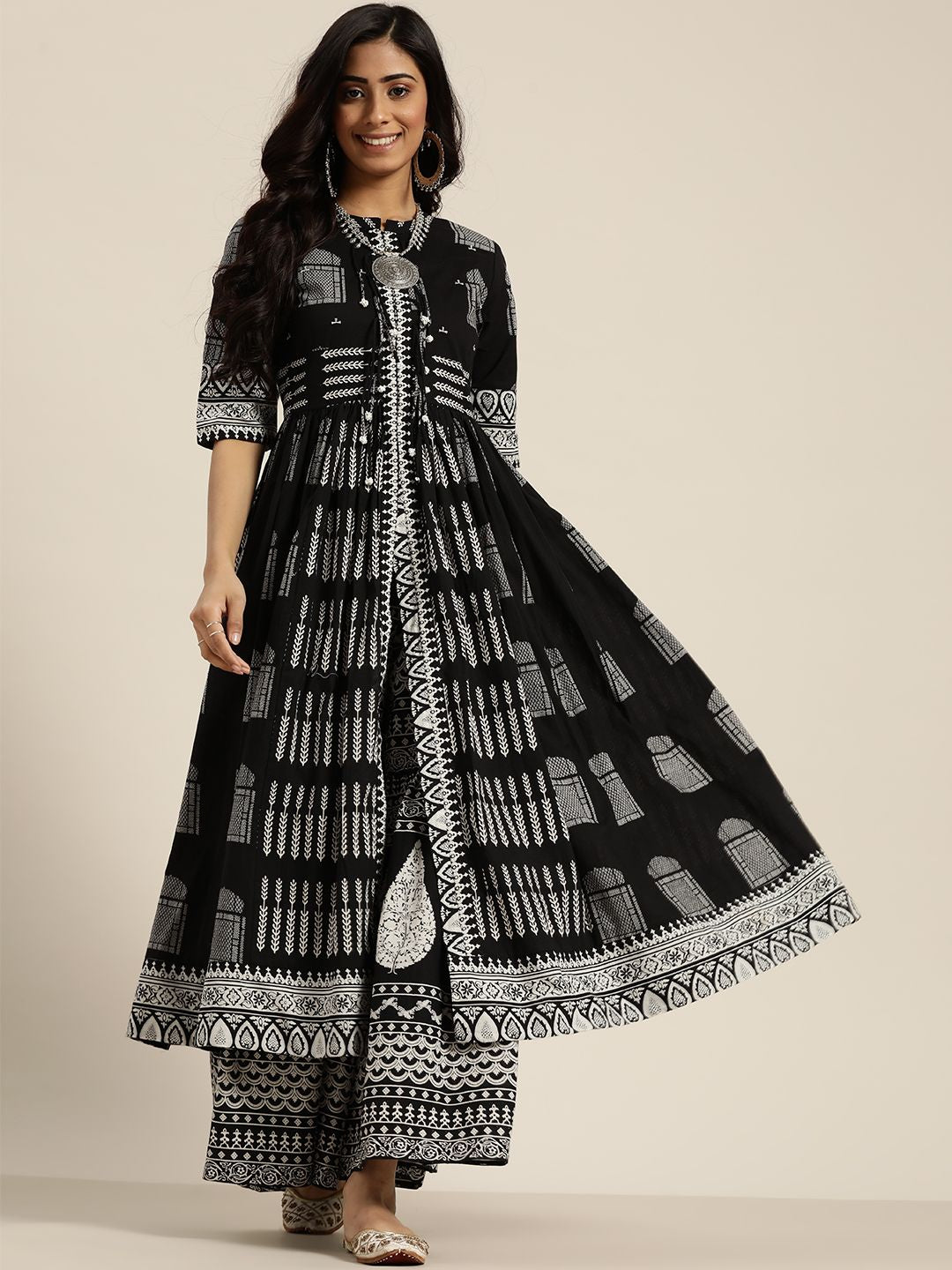 Sangria Women Black & White Ethnic Motifs Printed Pure Cotton Kurta with Sharara | Grocsy