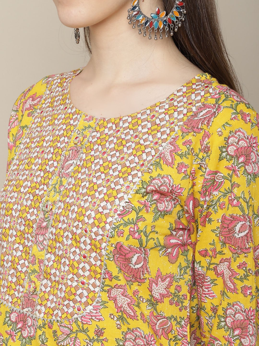 Sangria Women Yellow Printed Gotta Patti Pure Cotton Kurta with Trousers & Dupatta | Grocsy
