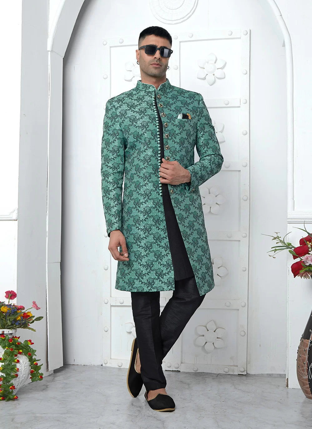 Raivat Ethnic Mens Jacquard Silk Embroidery Indo Western In Teal Green Colour | Grocsy