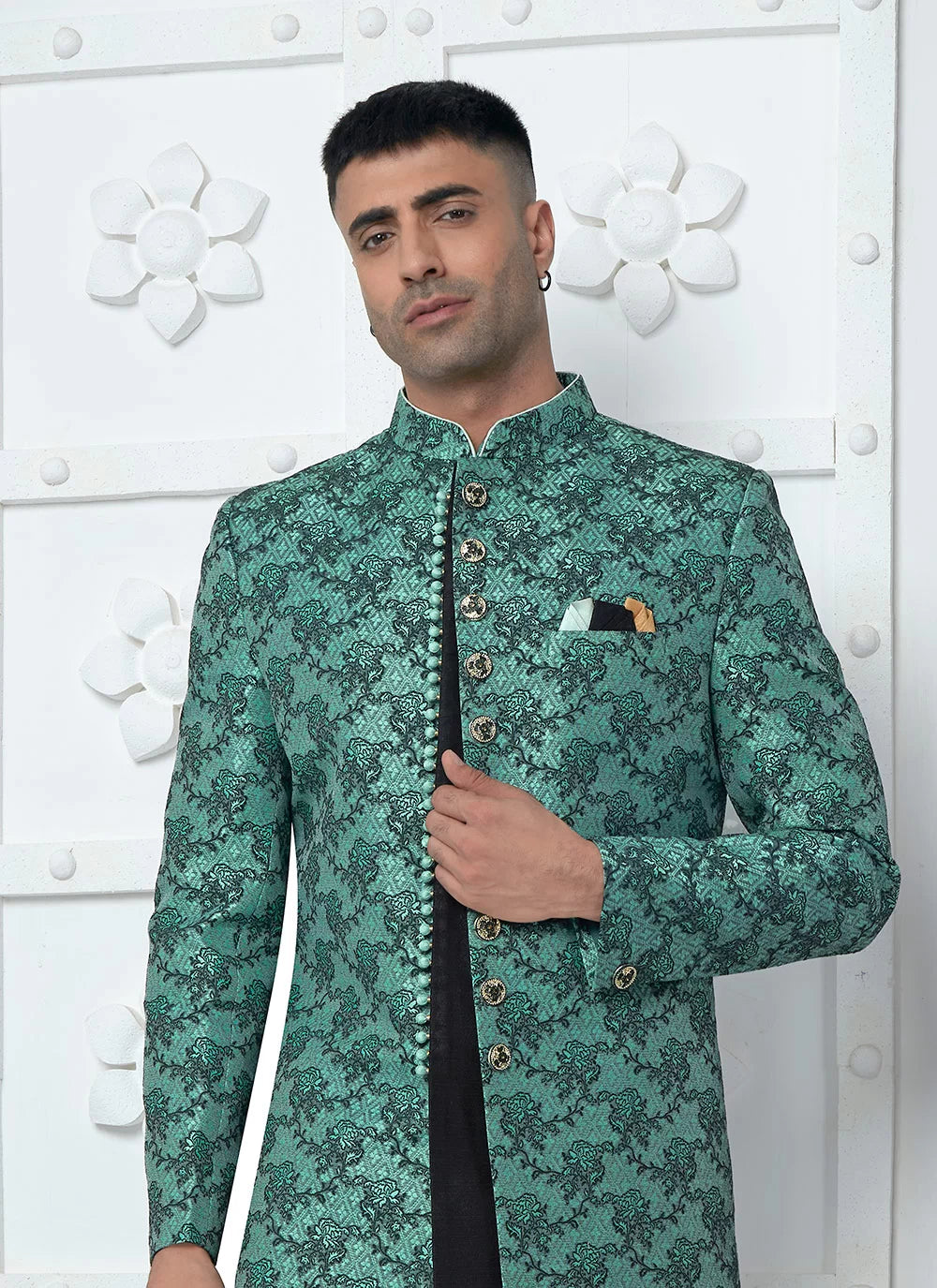 Raivat Ethnic Mens Jacquard Silk Embroidery Indo Western In Teal Green Colour | Grocsy