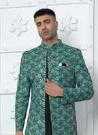 Raivat Ethnic Mens Jacquard Silk Embroidery Indo Western In Teal Green Colour | Grocsy