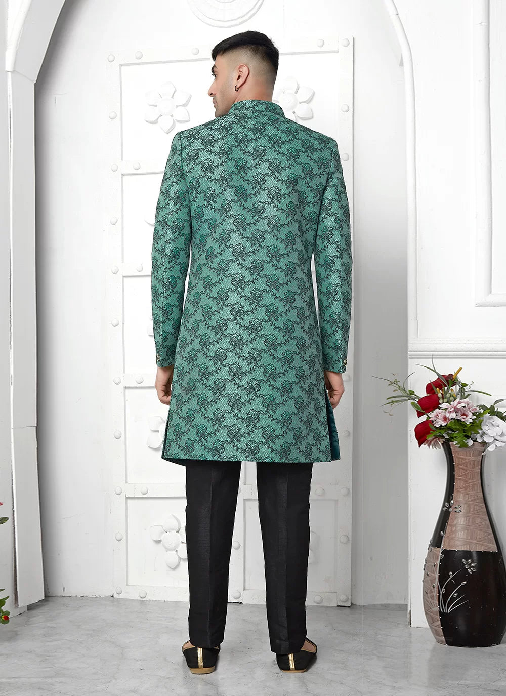 Raivat Ethnic Mens Jacquard Silk Embroidery Indo Western In Teal Green Colour | Grocsy