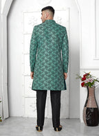 Raivat Ethnic Mens Jacquard Silk Embroidery Indo Western In Teal Green Colour | Grocsy