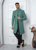 Raivat Ethnic Mens Jacquard Silk Embroidery Indo Western In Teal Green Colour | Grocsy