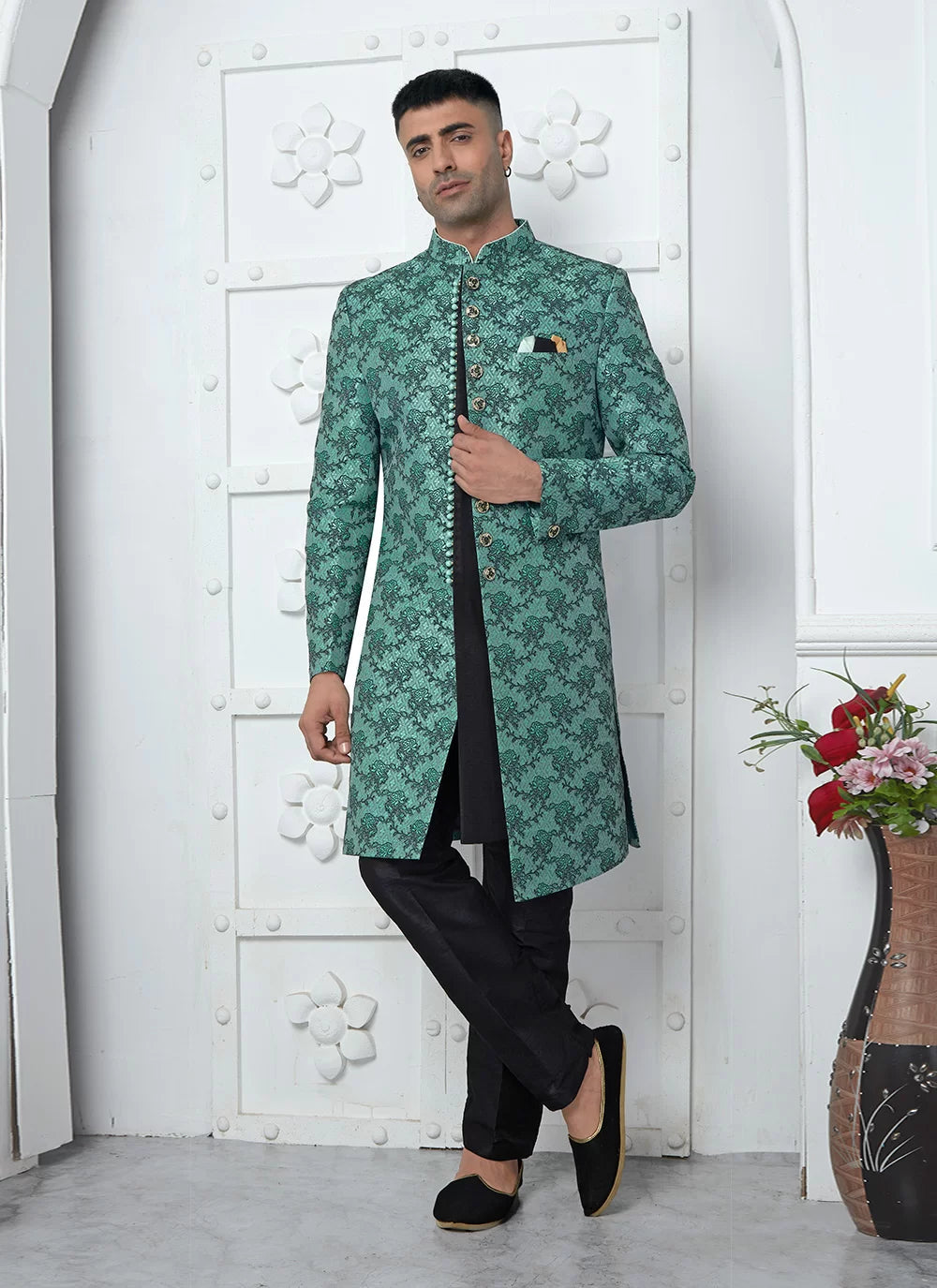 Raivat Ethnic Mens Jacquard Silk Embroidery Indo Western In Teal Green Colour | Grocsy