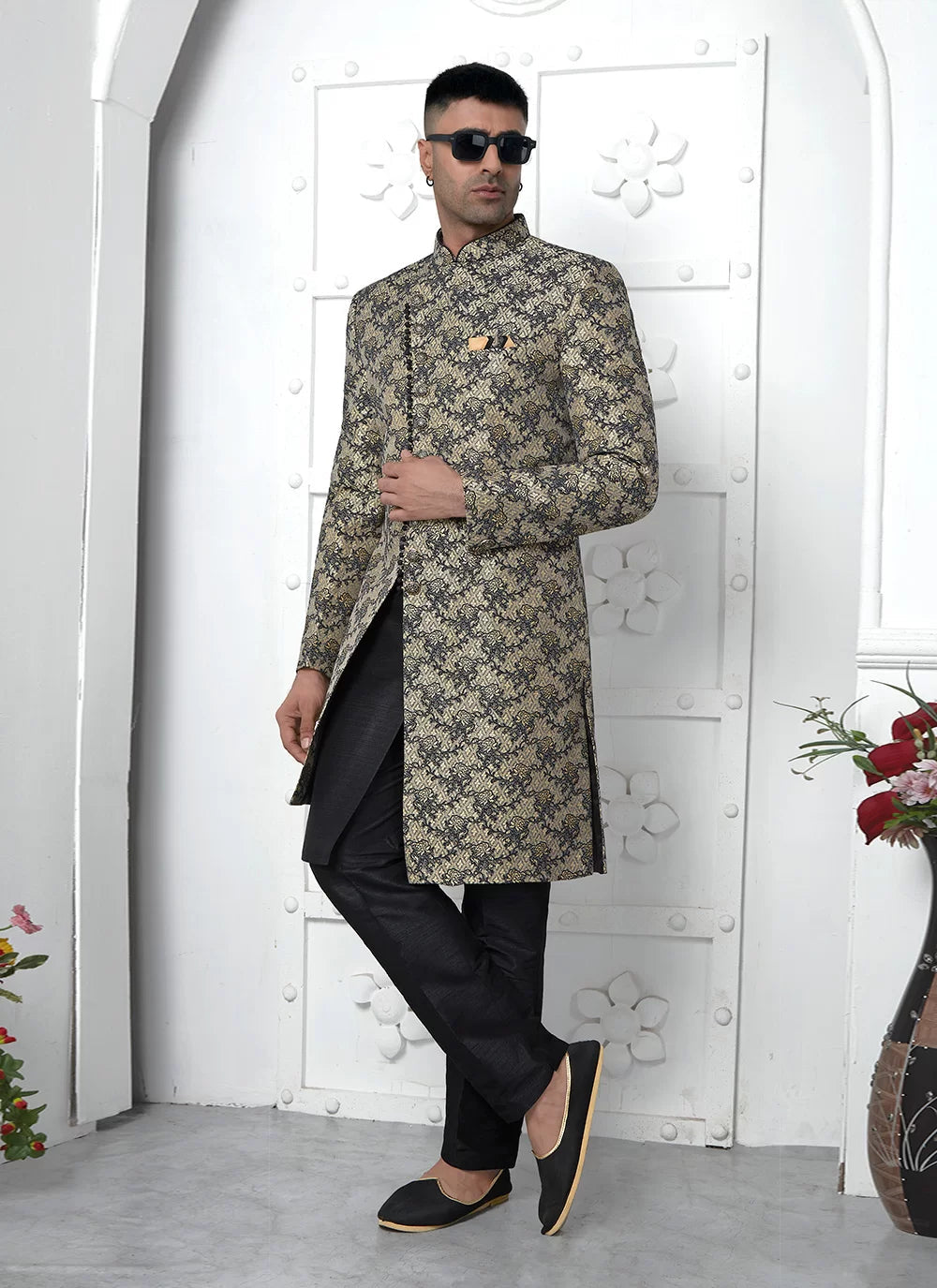 Raivat Ethnic Mens Jacquard Silk Embroidery Indo Western In Black Colour | Grocsy
