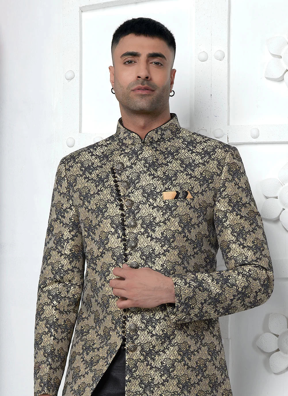 Raivat Ethnic Mens Jacquard Silk Embroidery Indo Western In Black Colour | Grocsy