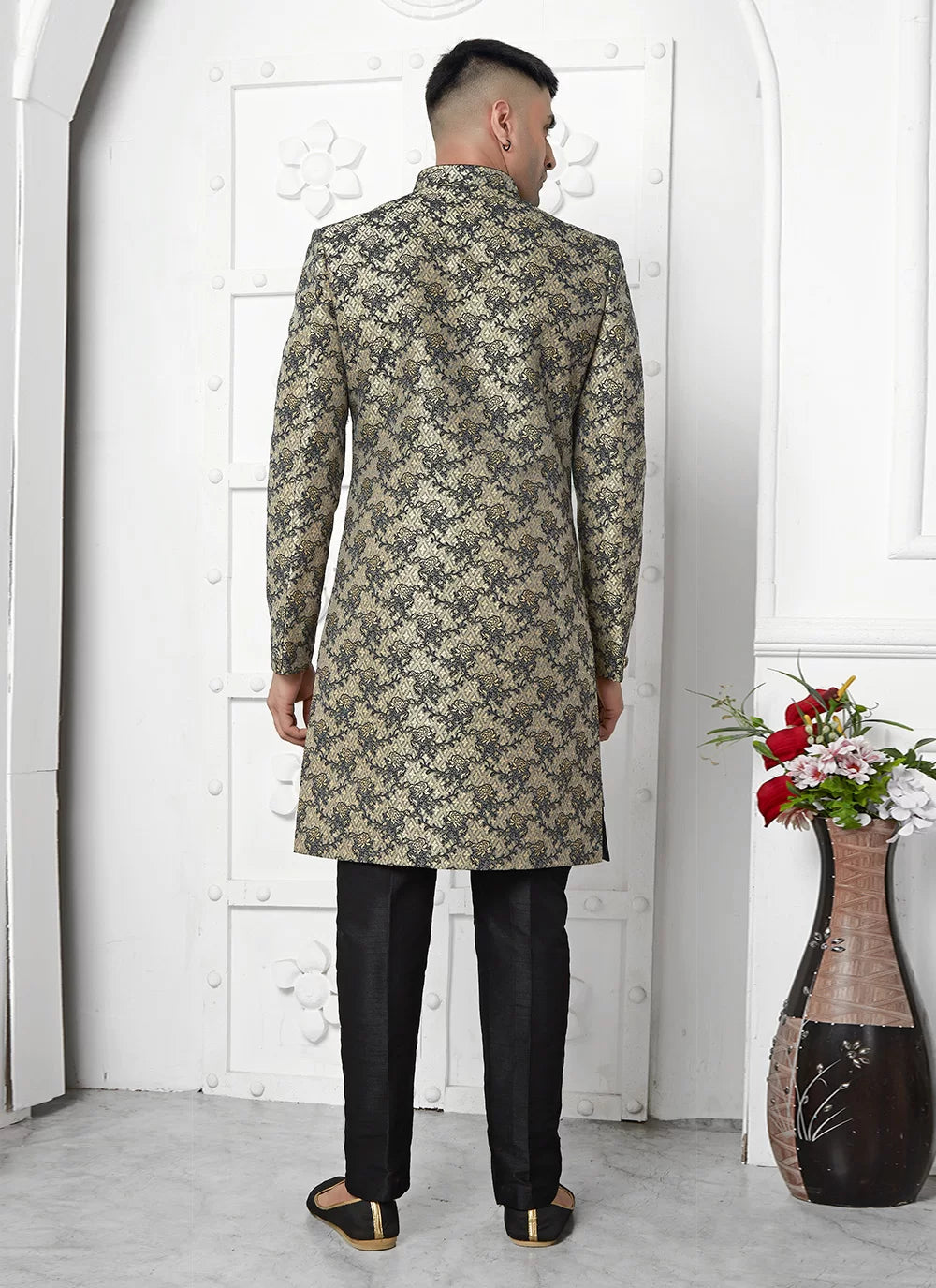 Raivat Ethnic Mens Jacquard Silk Embroidery Indo Western In Black Colour | Grocsy