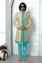 Raivat Ethnic Mens Jacquard Silk Embroidery Indo Western In Beige Pista Green Colour | Grocsy