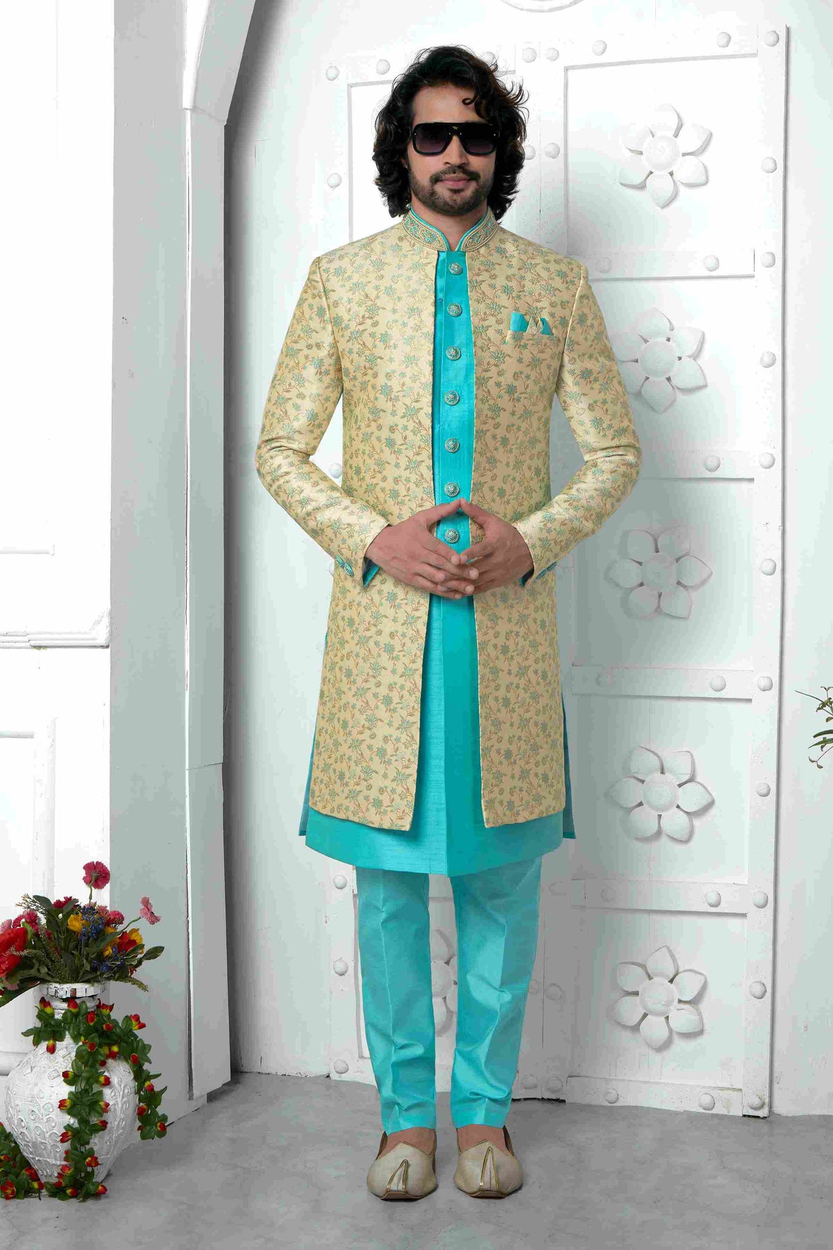 Raivat Ethnic Mens Jacquard Silk Embroidery Indo Western In Beige Pista Green Colour | Grocsy