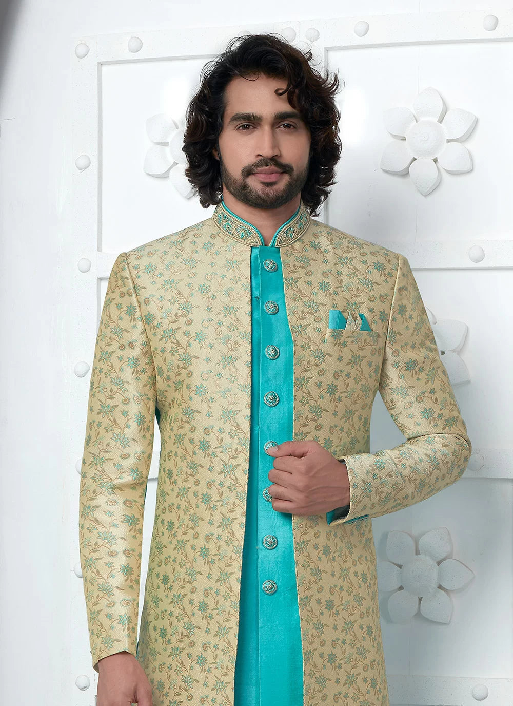 Raivat Ethnic Mens Jacquard Silk Embroidery Indo Western In Beige Pista Green Colour | Grocsy