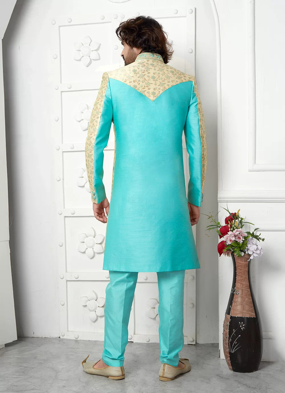 Raivat Ethnic Mens Jacquard Silk Embroidery Indo Western In Beige Pista Green Colour | Grocsy