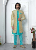 Raivat Ethnic Mens Jacquard Silk Embroidery Indo Western In Beige Pista Green Colour | Grocsy
