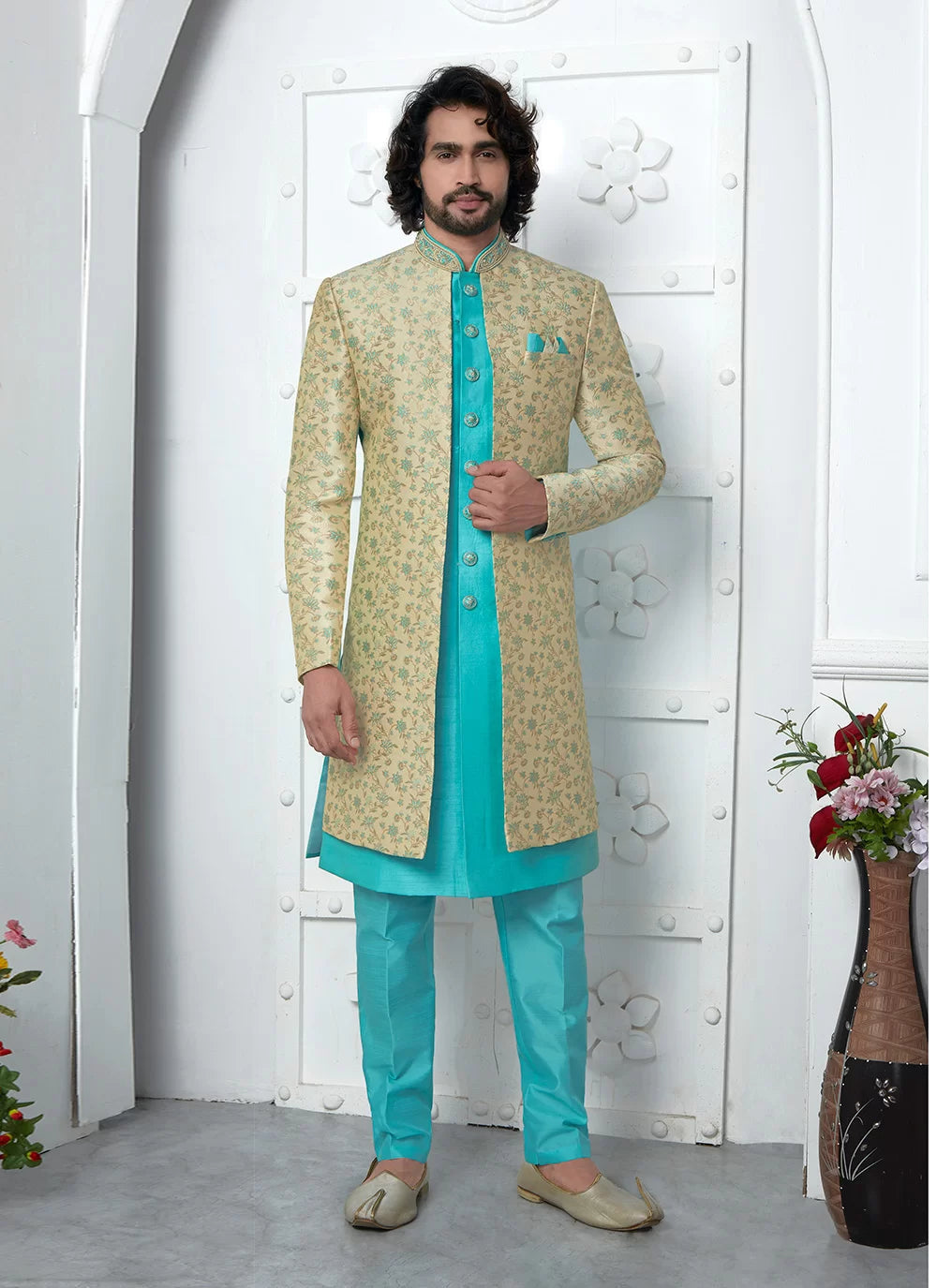 Raivat Ethnic Mens Jacquard Silk Embroidery Indo Western In Beige Pista Green Colour | Grocsy