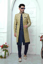 Raivat Ethnic Mens Jacquard Silk Embroidery Indo Western In Beige Blue Colour | Grocsy